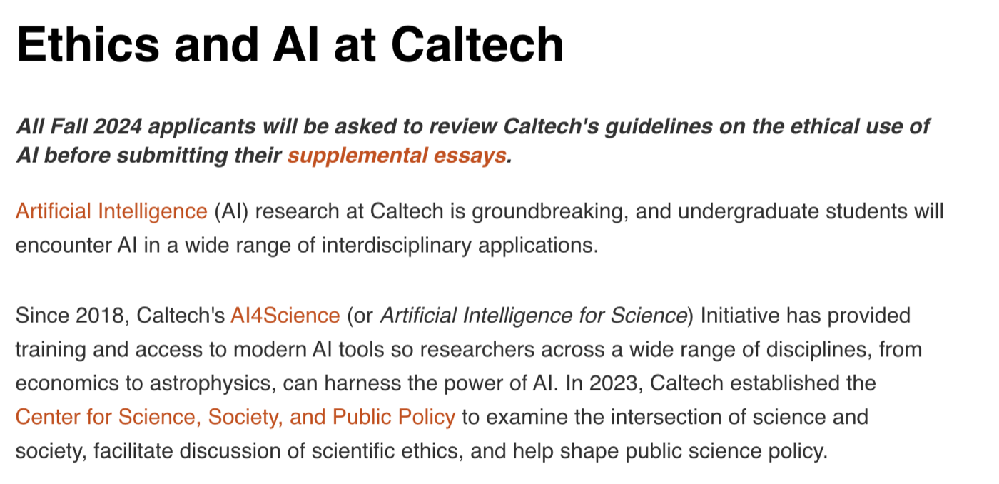 Caltech关于AI申请的官方说明截图